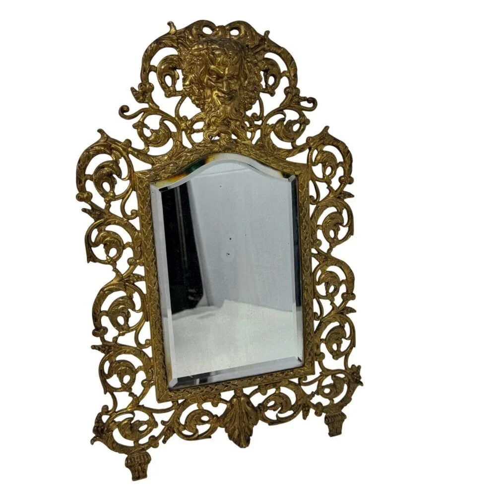 1800s Antique Victorian Bacchus Gilded Brass Wall Mirror Beveled Glass